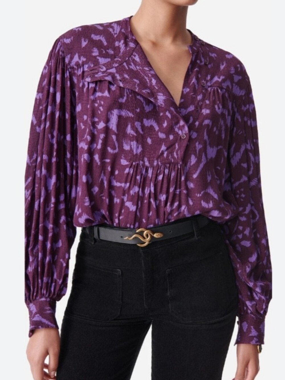 Vanessa Bruno purple two-tone printed voluminous flowy lantern sleeve blouse